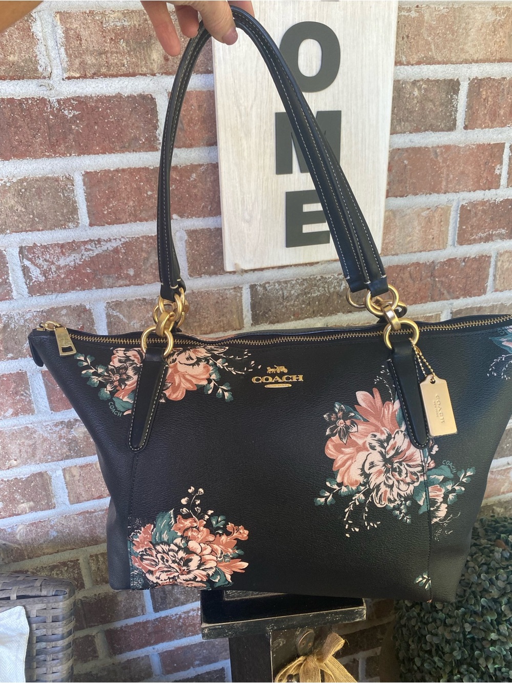 Coach Ava Tote F31428 Black Floral Tossed Bouquet Gold Hardware